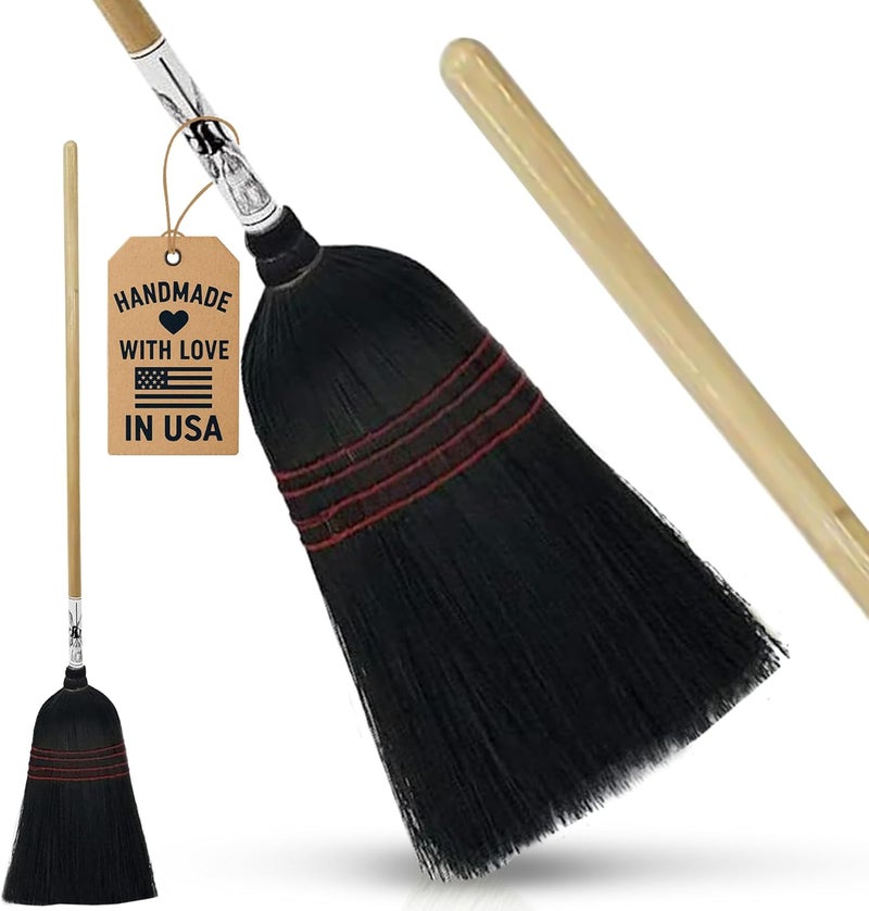 Peaceful Classics Handmade Amish Corn Broom with Wooden Handle – 57" Heavy Duty Broom for Courtyard, Lobby & Market, 100% Corn Fill Straw Broo'm, 4 Sews Indoor & Outdoor Bristle for Sweeping - Black - Image 1