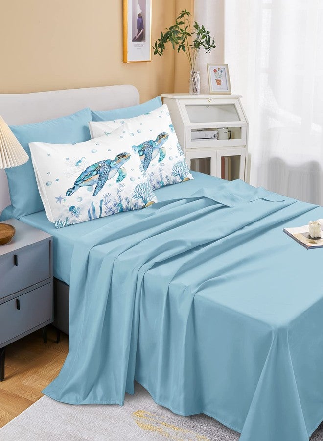 Bedorm Sea Turtle Comforter Set, Full Size, 8 Piece Bedding Set with 1 Comforter, 1 Fitted Sheet, 4 Pillowcases, 1 Cushion Cover, Blue (Ocean Theme) - Image 3