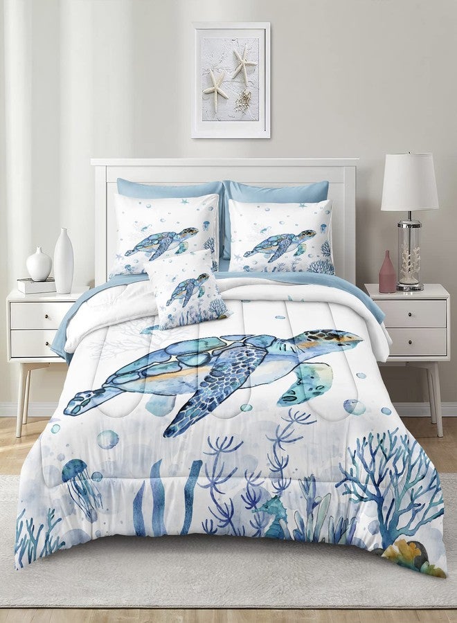 Bedorm Sea Turtle Comforter Set, Full Size, 8 Piece Bedding Set with 1 Comforter, 1 Fitted Sheet, 4 Pillowcases, 1 Cushion Cover, Blue (Ocean Theme) - Image 2