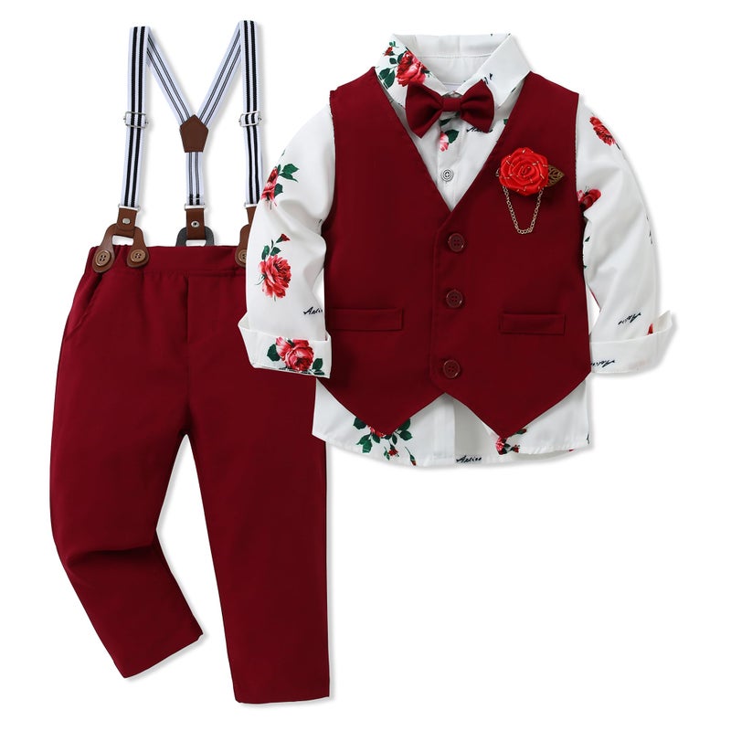 WESIDOM Boys Suit 6 Pieces Clothing Set, Formal Dress Shirt+Bowtie+Vest+Boutonniere+Pants Boys Gentleman Wedding Outfits(Red, Size 8) - Image 1