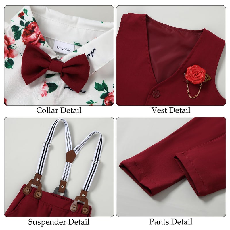 WESIDOM Boys Suit 6 Pieces Clothing Set, Formal Dress Shirt+Bowtie+Vest+Boutonniere+Pants Boys Gentleman Wedding Outfits(Red, Size 8) - Image 5