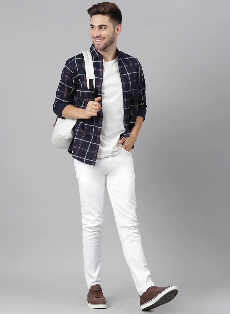 Dennis Lingo Slim Fit Navy Blue Casual Spread Shirt - 100% Cotton