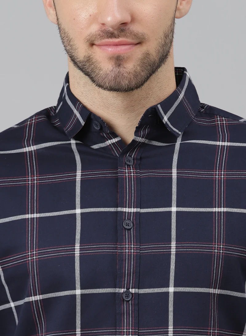 Dennis Lingo Slim Fit Navy Blue Casual Spread Shirt - 100% Cotton