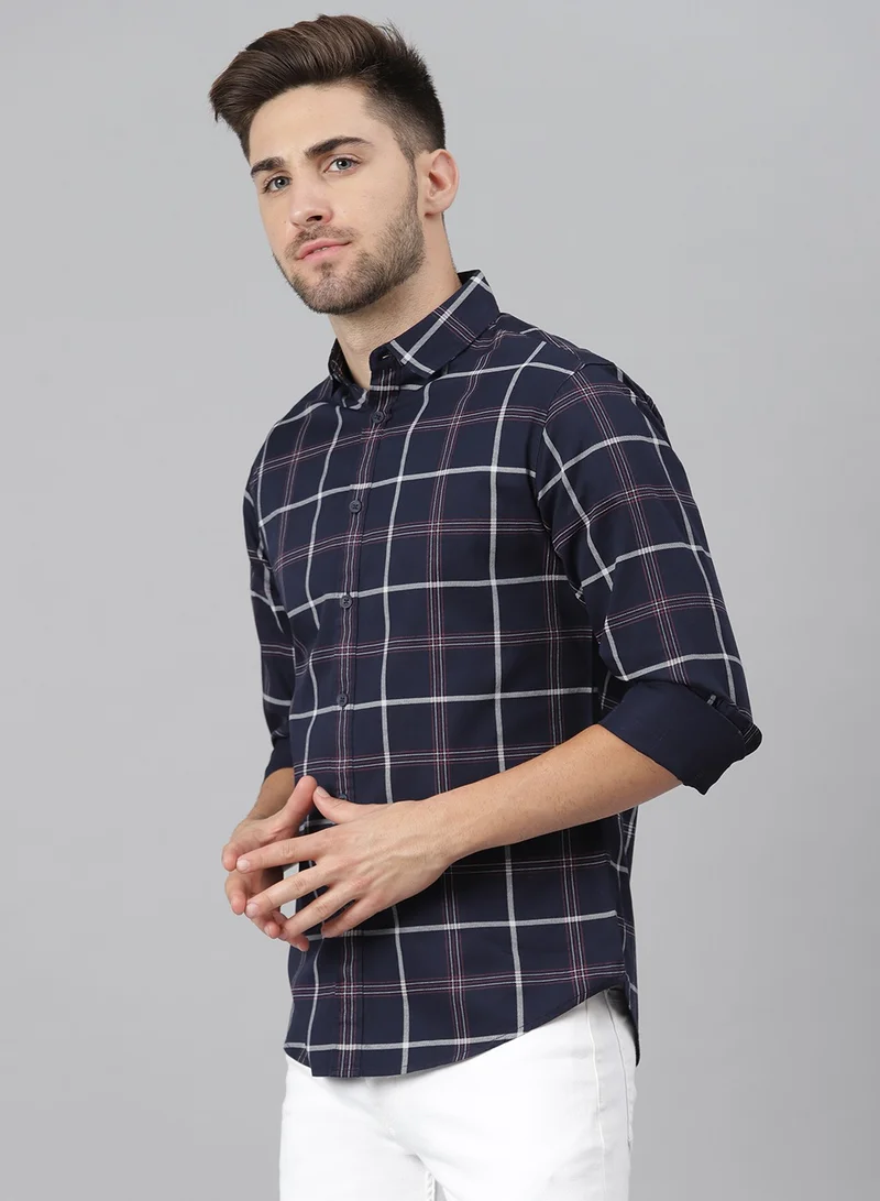 Dennis Lingo Slim Fit Navy Blue Casual Spread Shirt - 100% Cotton