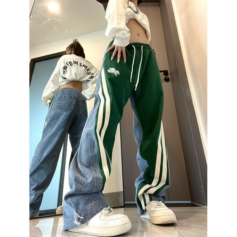Plus Size Streetwear Denim Joggers for Women Autumn Winter Green - Image 1