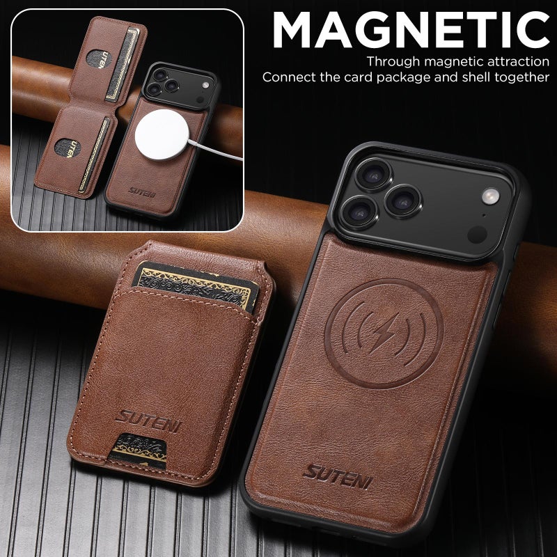 Suteni For Iphone 17 Pro Max M5 Magnetic Card Bag Magsafe Leather Phone Case(Brown) - Image 2