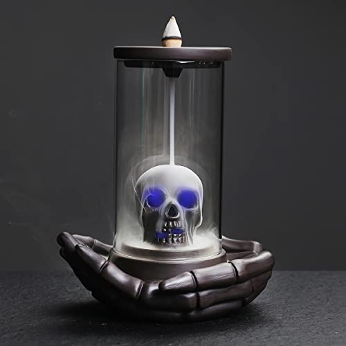 HaisWonsa Skull Incense Burner Holder - Backflow Waterfall , LED Ceramic Unique Skeleton Incense Burner with 15 Incense Cones for Halloween/Aromatherapy/Yoga/Home/Room/Office Deco - Image 1
