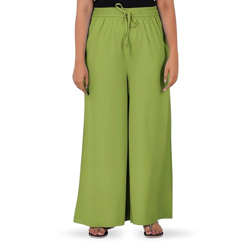 Happy Bunny Stylish Flowy Rayon Palazzo Pants for Women – Comfortable Elastic Waist, Regular Fit, Full Length with Side Pocket, Ideal for Office, Party & Outdoor Wear (2XL, Meadow Green) - Image 1