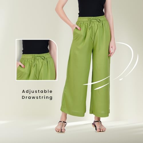 Happy Bunny Stylish Flowy Rayon Palazzo Pants for Women – Comfortable Elastic Waist, Regular Fit, Full Length with Side Pocket, Ideal for Office, Party & Outdoor Wear (2XL, Meadow Green) - Image 3