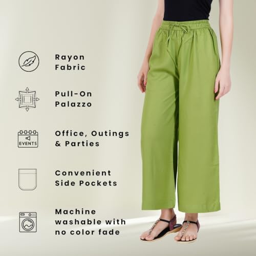 Happy Bunny Stylish Flowy Rayon Palazzo Pants for Women – Comfortable Elastic Waist, Regular Fit, Full Length with Side Pocket, Ideal for Office, Party & Outdoor Wear (2XL, Meadow Green) - Image 2