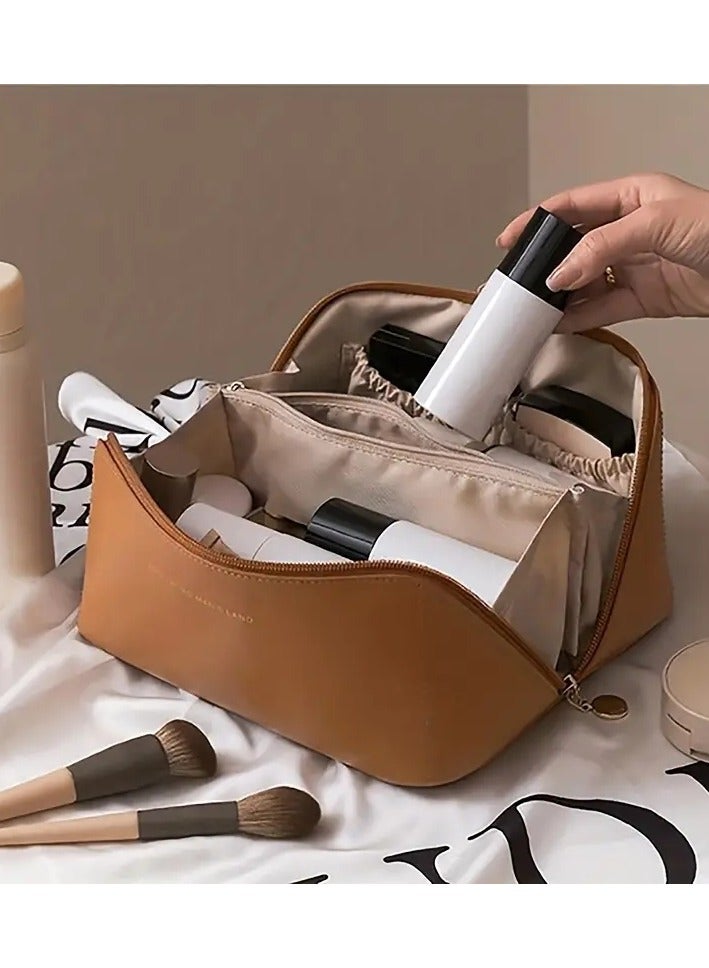 ORiTi Large Capacit Travel Cosmetic Bag Portable Make up Pouch Women Waterproof Bathroom Washbag Multifunctional Toiletry Kit with Handle Travel Essentials - Brown  - Image 1