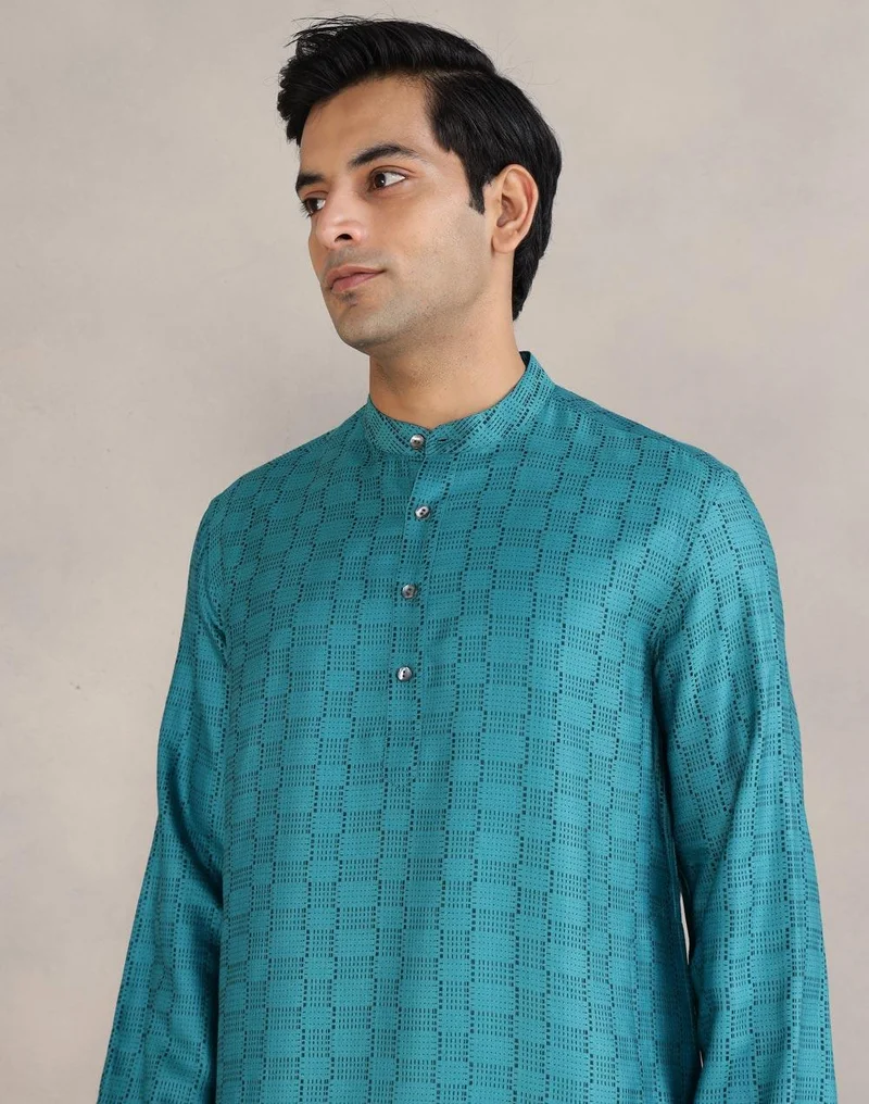 Fabindia Teal Viscose Blend Dobby Short Kurta