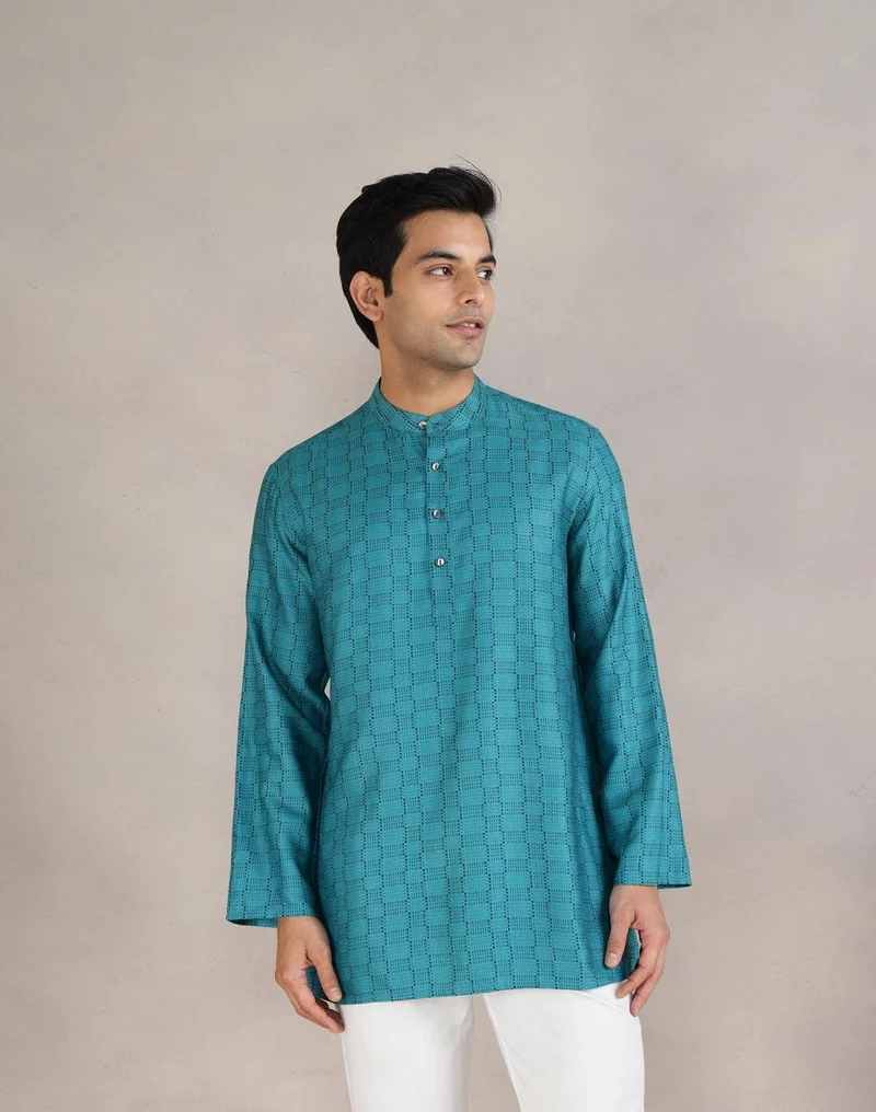 فاب انديا Teal Viscose Blend Dobby Short Kurta