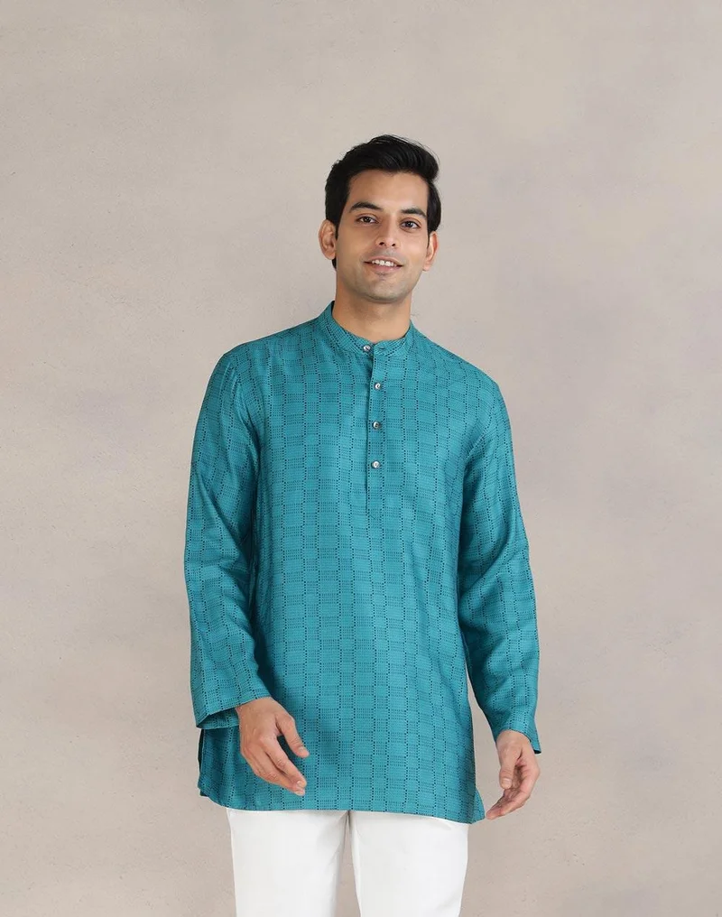 فاب انديا Teal Viscose Blend Dobby Short Kurta