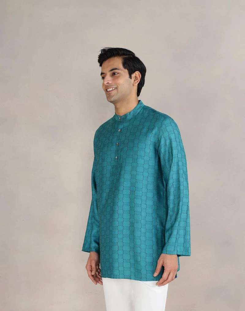 Fabindia Teal Viscose Blend Dobby Short Kurta