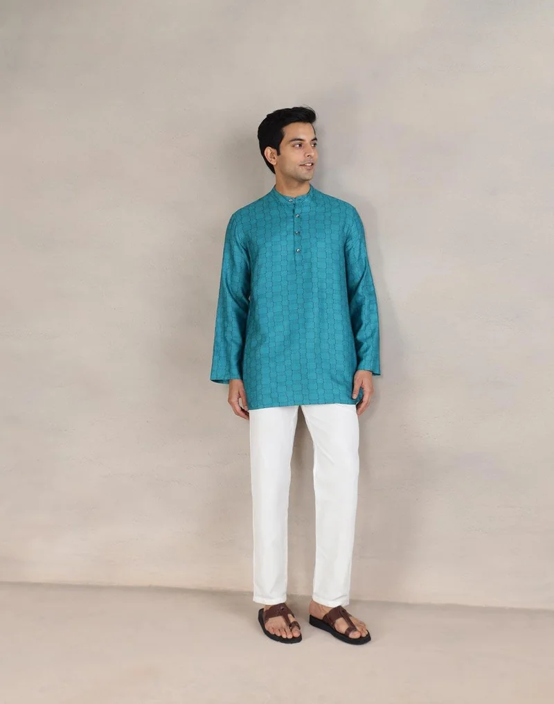 Fabindia Teal Viscose Blend Dobby Short Kurta