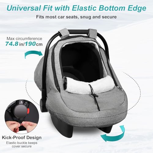 Gripooaven Winter Car Seat Cover for Baby, Waterproof Infant Carseat Cover with Warm Plush Lining & Dual Zippers, Universal Carseat Cover Baby Winter Protector with Ventilation and Windproof Design (Gray) - Image 5