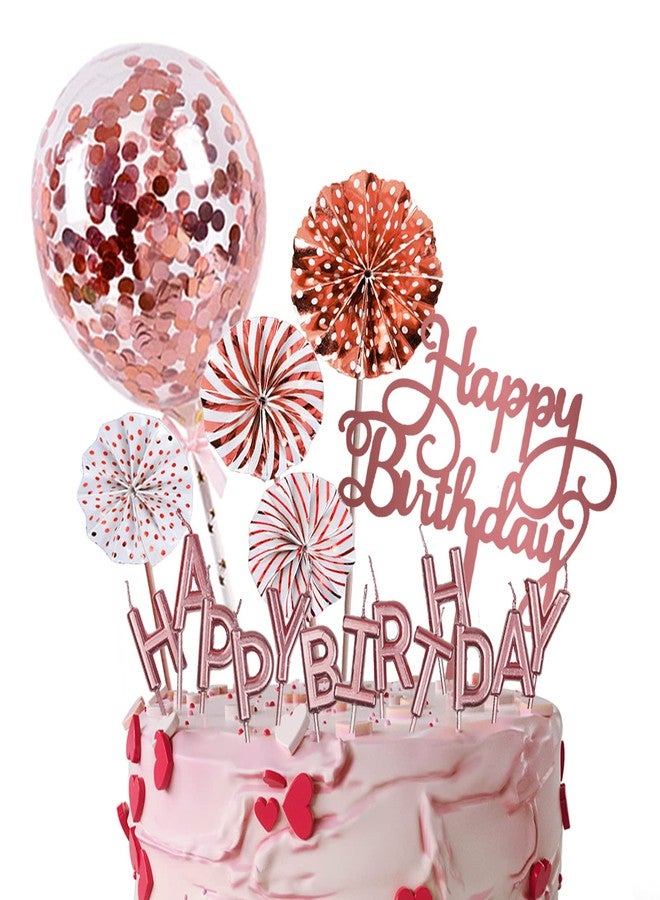 IEALODS Rose Gold Cake Topper Decorations with Happy Birthday Candles, Acrylic Birthday Cake Topper, Confetti Balloon and Paper Fans for Rose Gold Theme Birthday Party Décor - Image 1