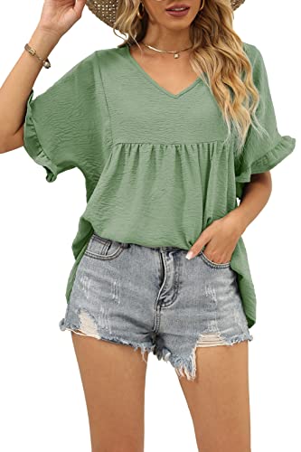 WIHOLL Cute Tops for Women Trendy Loose Fit V Neck Casual T Shirts Green M - Image 3