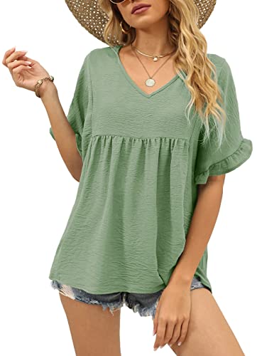WIHOLL Cute Tops for Women Trendy Loose Fit V Neck Casual T Shirts Green M - Image 1