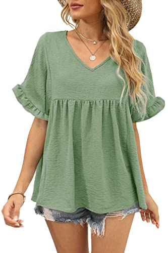 WIHOLL Cute Tops for Women Trendy Loose Fit V Neck Casual T Shirts Green M - Image 2