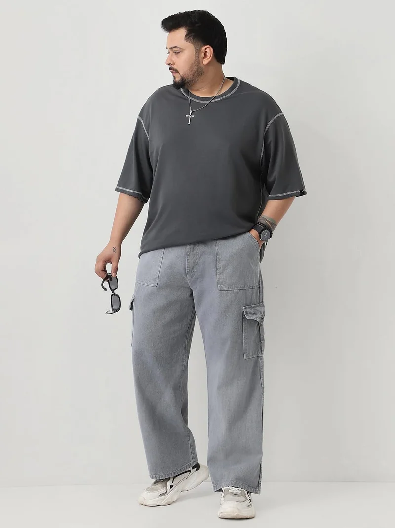 Urbano Fashion  Urbano Plus Men's Light Grey Loose Fit Cargo Jeans with 6 Pockets Non-Stretchable  | Best Price UAE