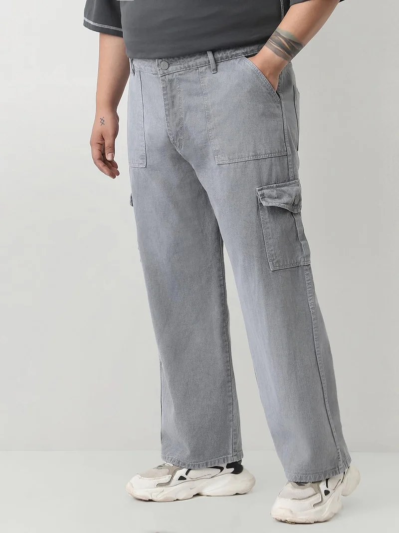 Urbano Fashion  Urbano Plus Men's Light Grey Loose Fit Cargo Jeans with 6 Pockets Non-Stretchable  | Best Price UAE