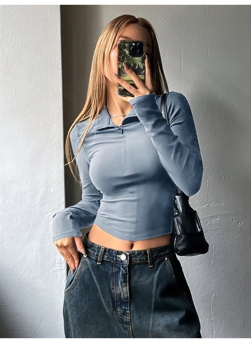 DAZY Women's Half Zipper Slim Fit Long Sleeve Fall Clothes  Tops - Image 1