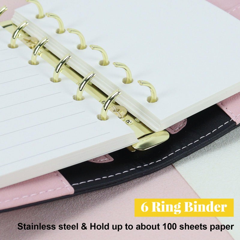 Multibey A7 Refillable 6 Ring PU Leather Binder, Mini Padfolio Binder Notebook Cover for A7 Filler Paper, Loose Leaf Personal Planner Cover with Zip Wallet Bag and Pen, a7 Budget Binder (Black) - Image 3