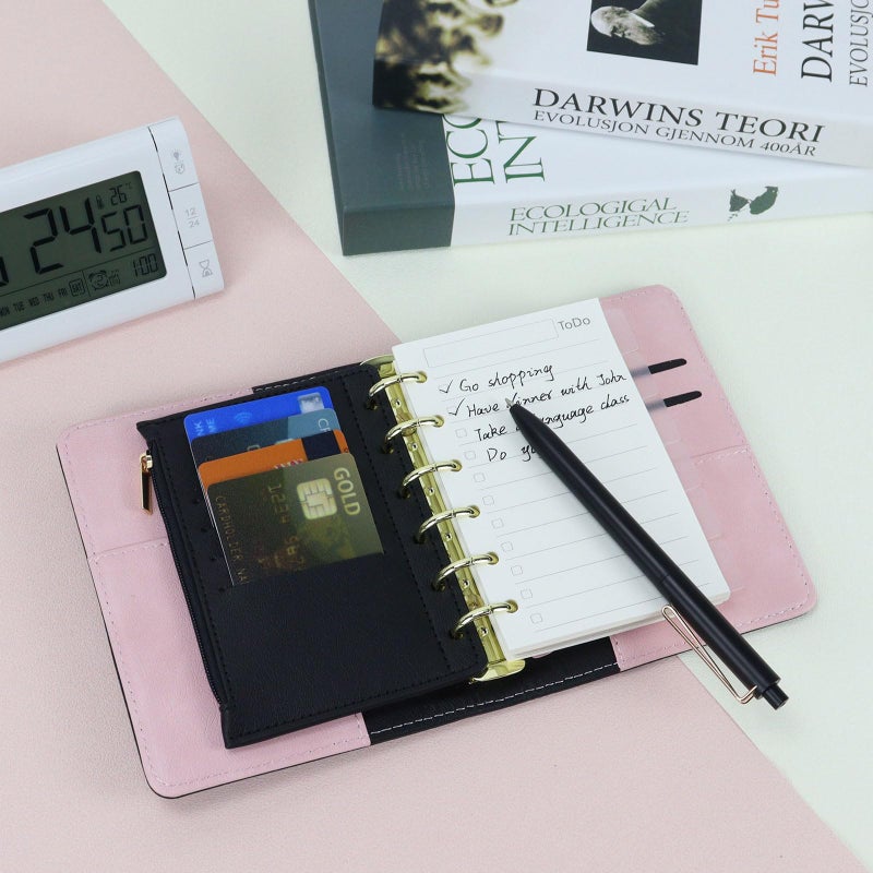 Multibey A7 Refillable 6 Ring PU Leather Binder, Mini Padfolio Binder Notebook Cover for A7 Filler Paper, Loose Leaf Personal Planner Cover with Zip Wallet Bag and Pen, a7 Budget Binder (Black) - Image 5