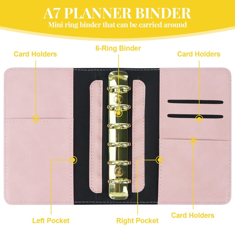 Multibey A7 Refillable 6 Ring PU Leather Binder, Mini Padfolio Binder Notebook Cover for A7 Filler Paper, Loose Leaf Personal Planner Cover with Zip Wallet Bag and Pen, a7 Budget Binder (Black) - Image 2