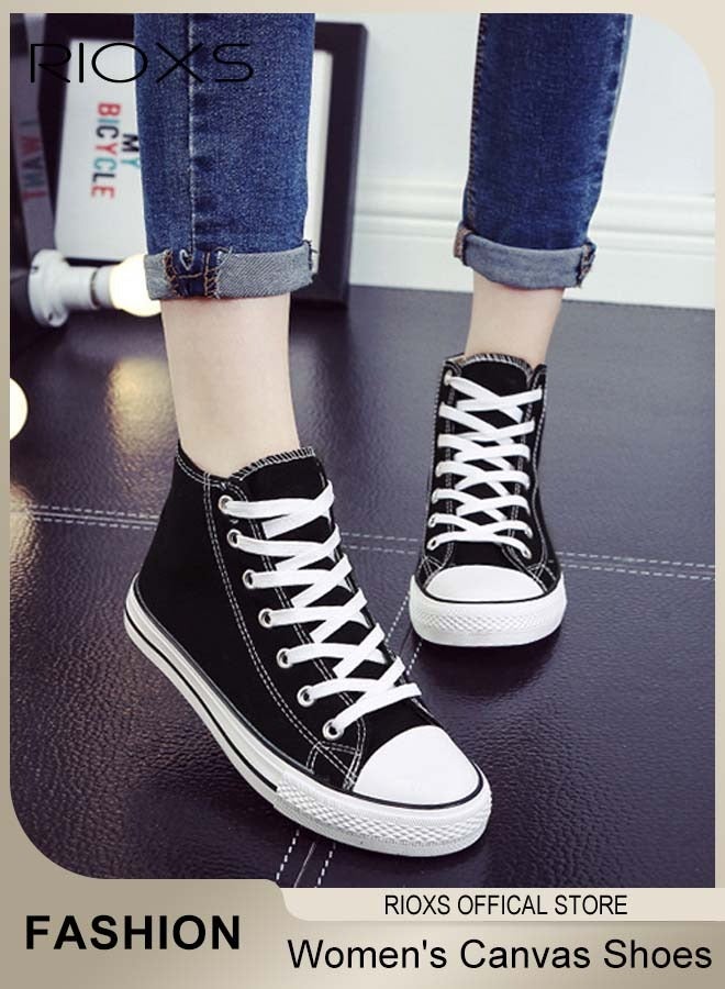ريوكس أحذية القماش النسائية الكلاسيكية، أحذية عالية الدانتيل لأعلى، أحذية مسطحة عارضة الأزياء، مدربات عالية الجودة قابلة للتنفس مع فردية مطاطية غير منزلقة، مناسبة للعمل، الرياضة، التسوق، المشي، الجري وأوقات أخرى - Image 1