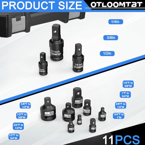OTLOOMTBT 11PCS Impact Socket Adapter Set & Swivel Socket Set - Chrome Moly Steel, Full Size Adapters (1/4 to 1） with Spring Ball Detent, Drop-Proof Eco Case for Impact Drivers & DIY Mechanics - Image 2
