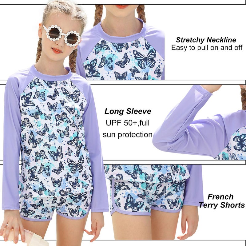 Vogseek Swimsuit for Girls Size 7-8 Butterflies Purple Bikini Long Sleeve 2 Pcs UV Sun Protection Swimwear with Swim Shorts Child Girls 7-8 Summer Holiday - Image 4