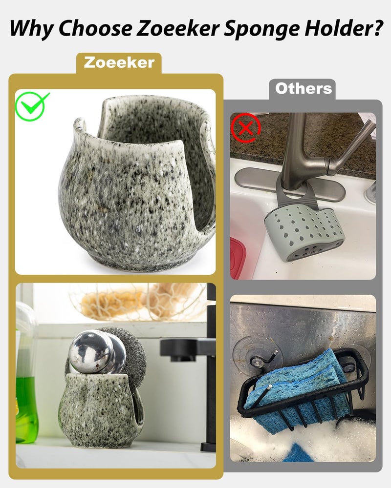 Zoeeker Ceramic Sponge Holder, Kitchen Sponge Holder Sink Caddy Organizer Dish Rack for Kitchen Sink Suction, Bathroom, Brush, Special Gray - Image 3