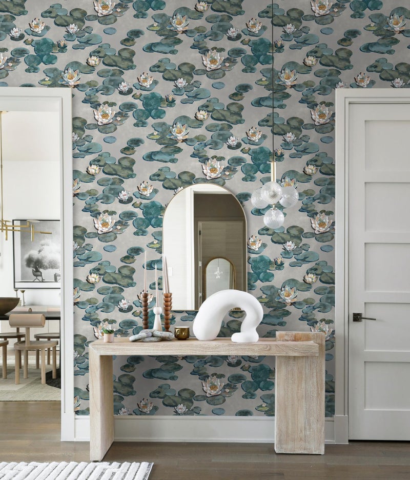 Vinjiasin Floral Peel and Stick Wallpaper Boho Grey and Green Oil Painting Wall Paper Vintage Lotus Contact Paper Neutral Removable Wallpaper for Bathroom Bedroom Accent Wall Vinyl Roll 17.3''Ã—78.7'' - Image 5