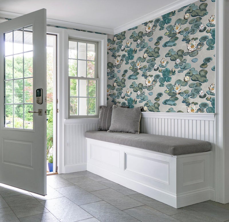 Vinjiasin Floral Peel and Stick Wallpaper Boho Grey and Green Oil Painting Wall Paper Vintage Lotus Contact Paper Neutral Removable Wallpaper for Bathroom Bedroom Accent Wall Vinyl Roll 17.3''Ã—78.7'' - Image 2