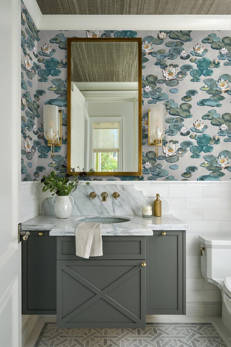 Vinjiasin Floral Peel and Stick Wallpaper Boho Grey and Green Oil Painting Wall Paper Vintage Lotus Contact Paper Neutral Removable Wallpaper for Bathroom Bedroom Accent Wall Vinyl Roll 17.3''Ã—78.7'' - Image 4