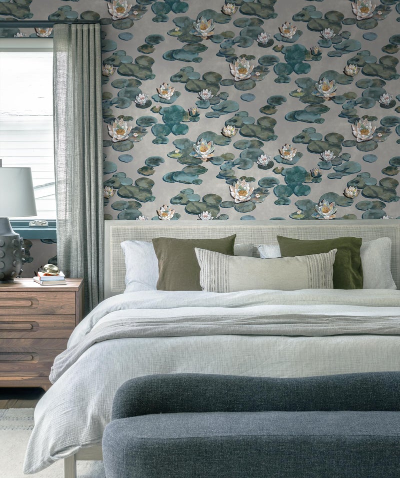 Vinjiasin Floral Peel and Stick Wallpaper Boho Grey and Green Oil Painting Wall Paper Vintage Lotus Contact Paper Neutral Removable Wallpaper for Bathroom Bedroom Accent Wall Vinyl Roll 17.3''Ã—78.7'' - Image 3