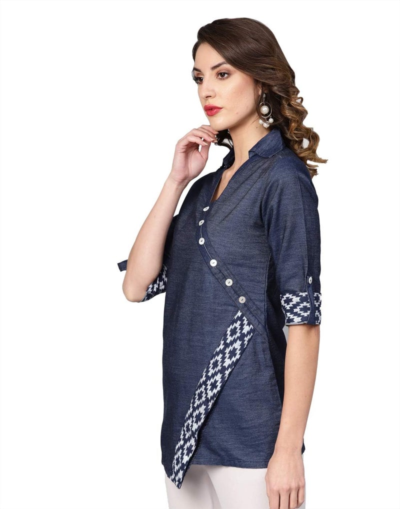Yash Gallery Women's Denim Printed Straight Top for Women (Blue, XS) - Image 2