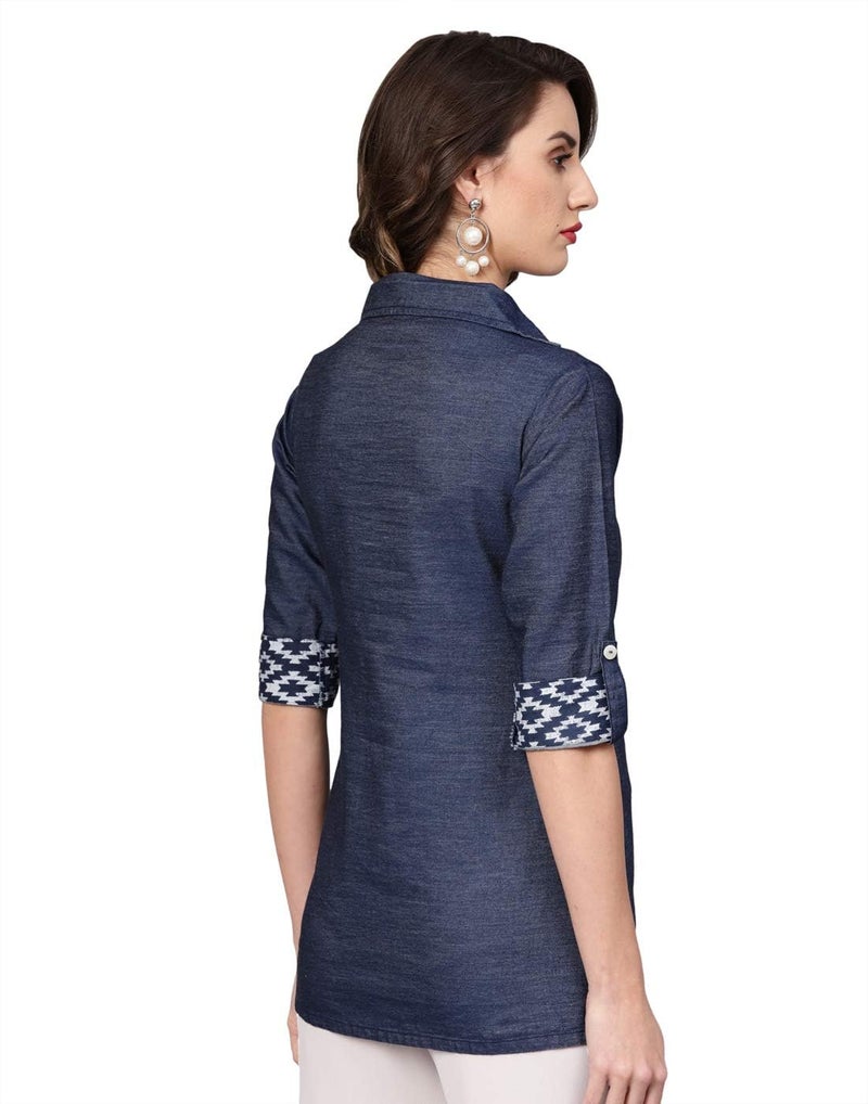 Yash Gallery Women's Denim Printed Straight Top for Women (Blue, XS) - Image 4