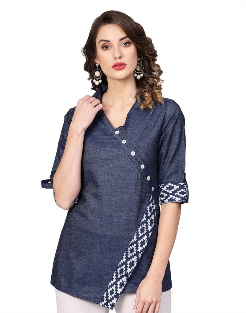 Yash Gallery Women's Denim Printed Straight Top for Women (Blue, XS) - Image 1