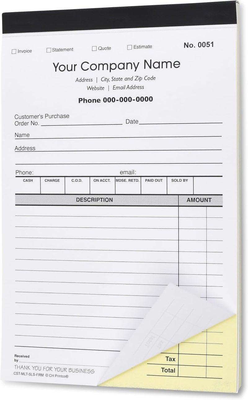 Custom CH Printco Sales, Invoice, Statement, Estimate, Quote, Personalized Multipurpose Duplicate Carbonless Form with Your Company Name - 2 Books (100 Sets) 5-1/2" Wide x 8-1/2" Tall. - Image 1