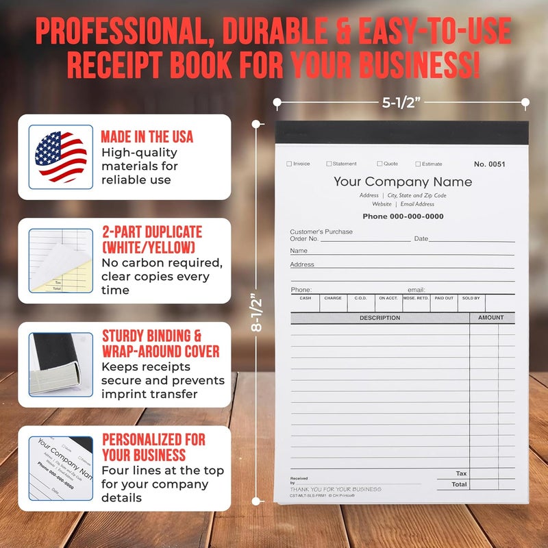 Custom CH Printco Sales, Invoice, Statement, Estimate, Quote, Personalized Multipurpose Duplicate Carbonless Form with Your Company Name - 2 Books (100 Sets) 5-1/2" Wide x 8-1/2" Tall. - Image 3
