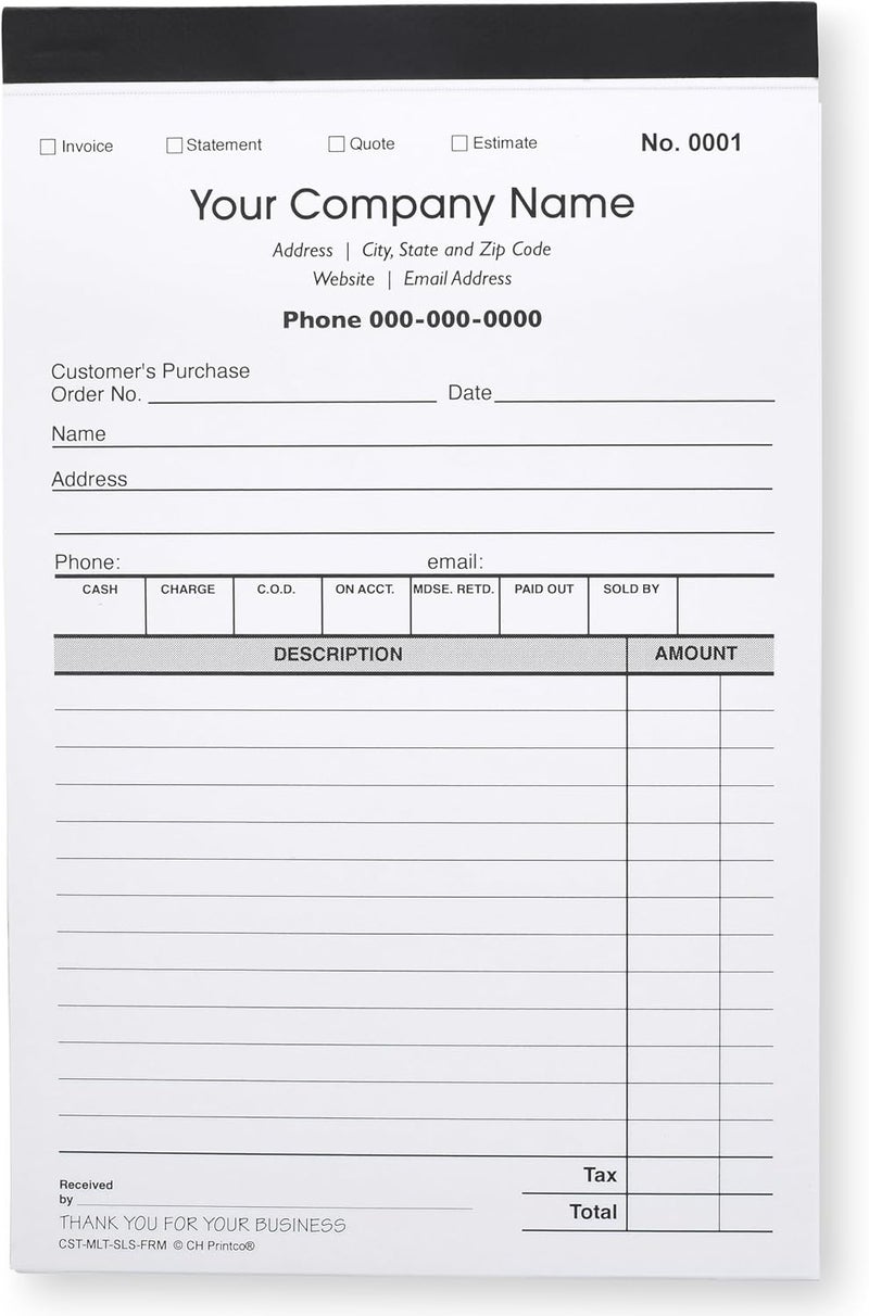 Custom CH Printco Sales, Invoice, Statement, Estimate, Quote, Personalized Multipurpose Duplicate Carbonless Form with Your Company Name - 2 Books (100 Sets) 5-1/2" Wide x 8-1/2" Tall. - Image 4