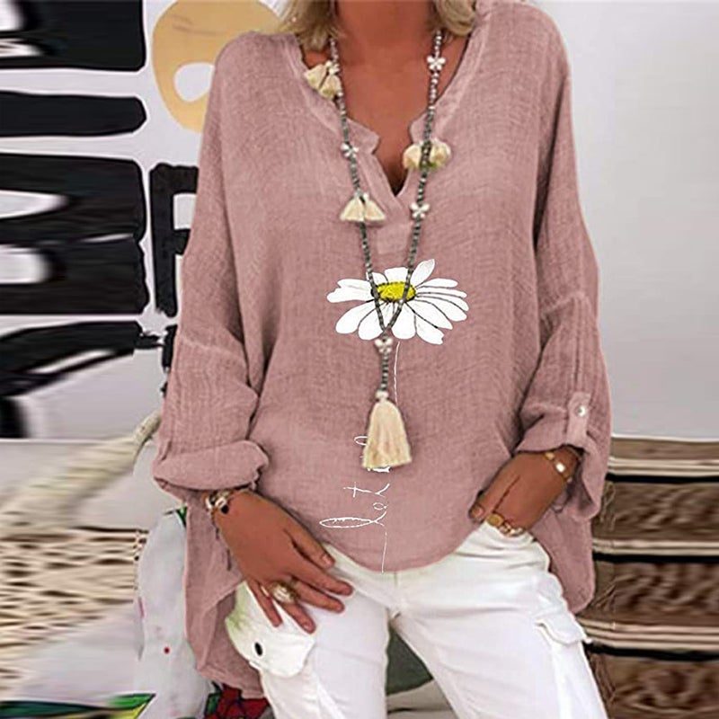 2022 Wish Explosions Top Best Selling V Collar Cotton Linen Plus Size Printed Shirt - Image 4