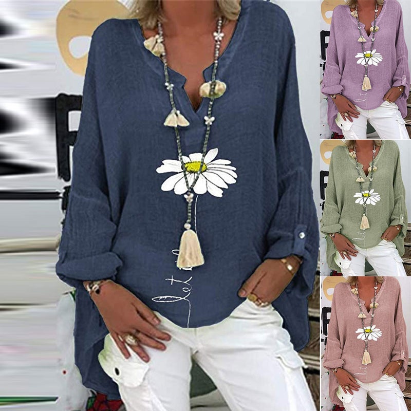 2022 Wish Explosions Top Best Selling V Collar Cotton Linen Plus Size Printed Shirt - Image 2
