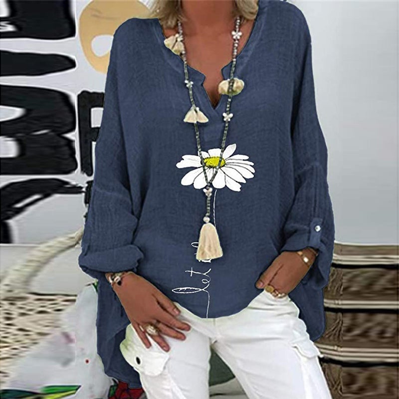 2022 Wish Explosions Top Best Selling V Collar Cotton Linen Plus Size Printed Shirt - Image 5