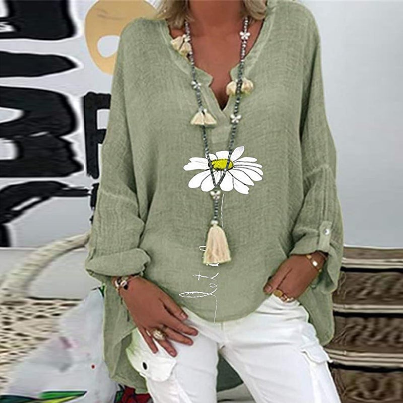 2022 Wish Explosions Top Best Selling V Collar Cotton Linen Plus Size Printed Shirt - Image 1
