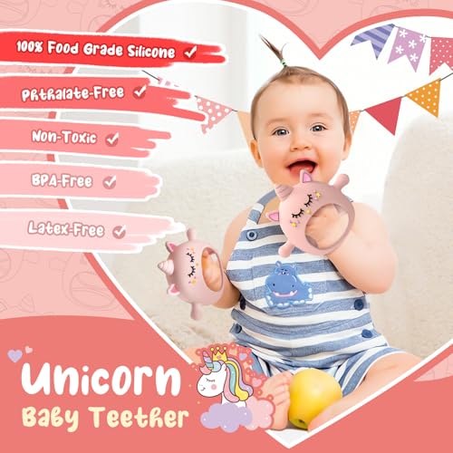 Tinabless Teething Toys for Babies 6-12 Months, Tinabless Unicorn Never Drop Silicone Teether Designed for Babies 0-6 Months, Car Seat Toy for New Born, Natural Organic Baby Teether for Boys&Girls, Pink - Image 2